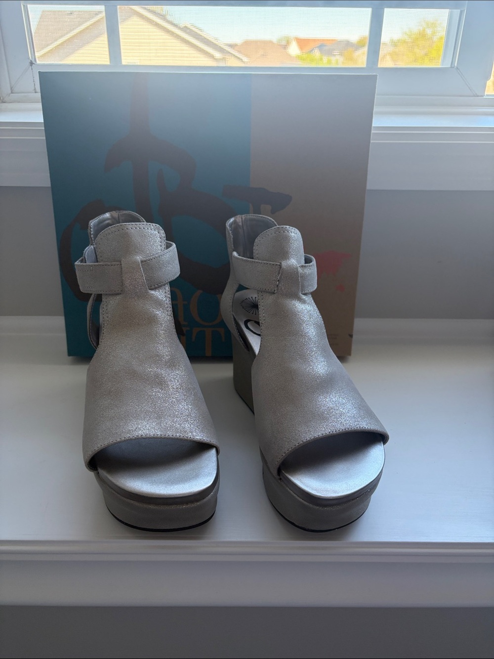 OTBT Silver Metallic Open-Toe Wedge Sandals with Ankle Strap